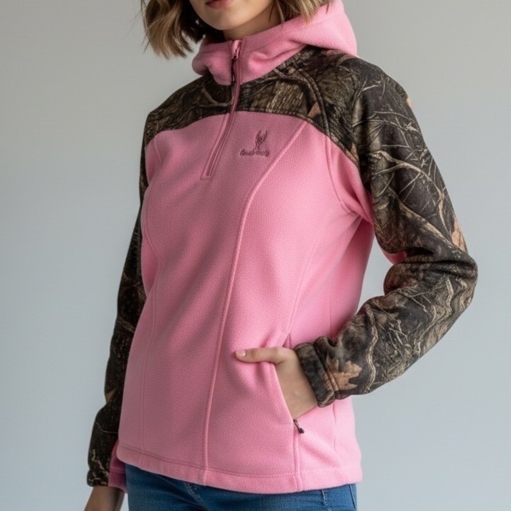 Huntworth Pink‎ Camo Fleece Hoodie 1/4 Zip Pullover Real Tree Camouflage Medium